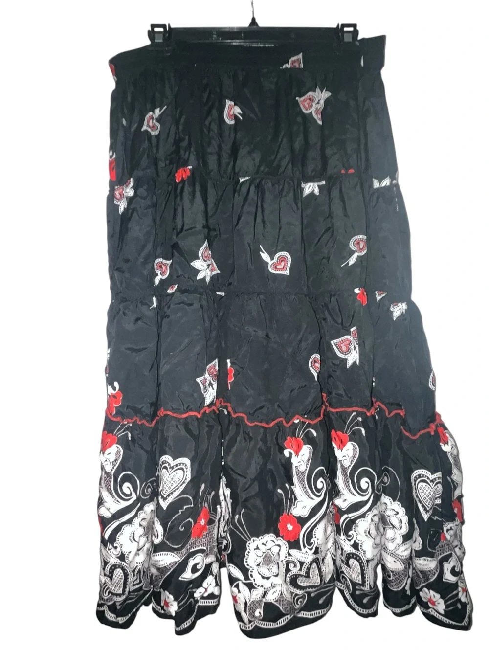 White Stag Black Maxi Skirt with Red & White Embroidered Floral Trim - Picture 8 of 9